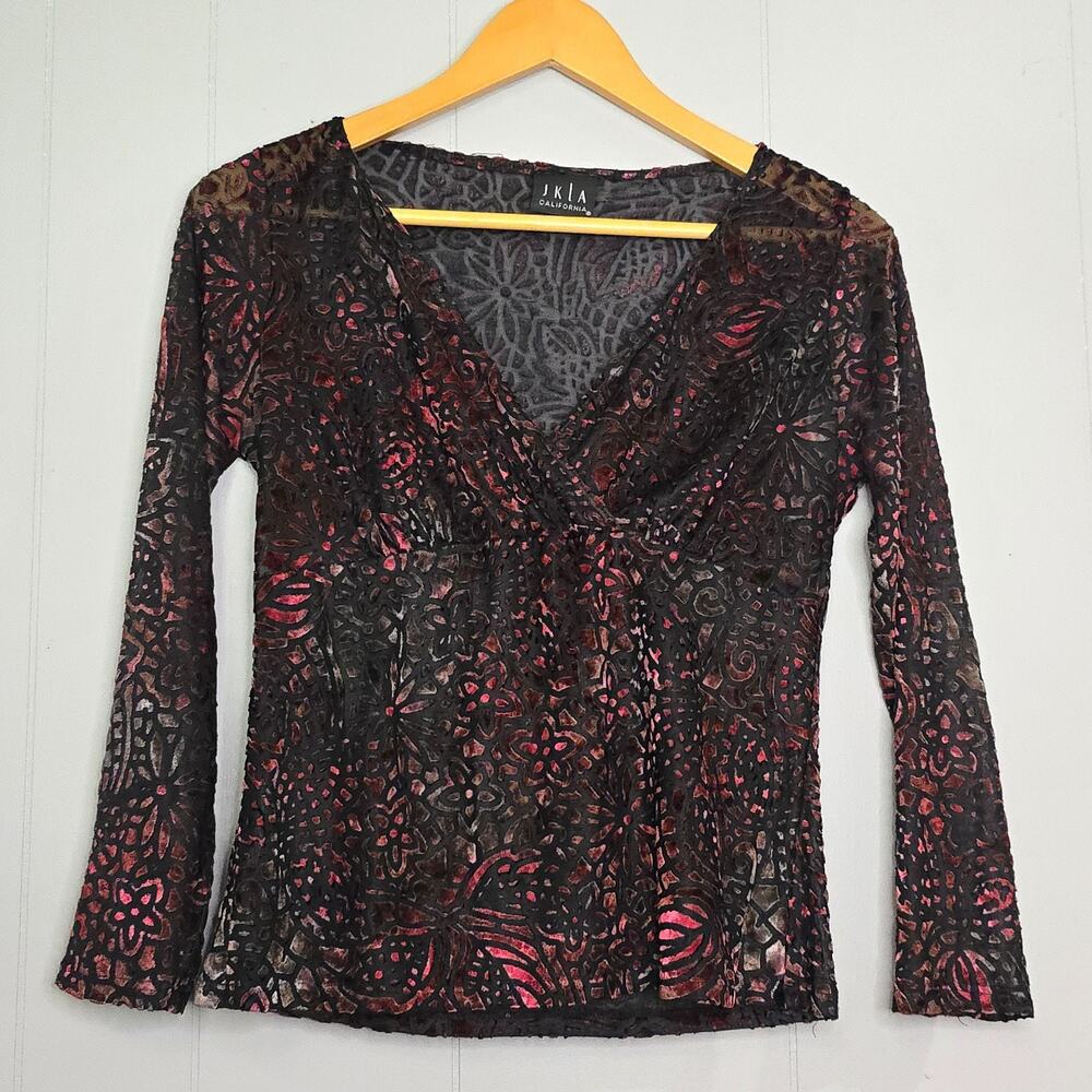 JKLA California Burgundy Black Burnout Velvet Sheer‎ Mesh Top V-Neck Medium USA